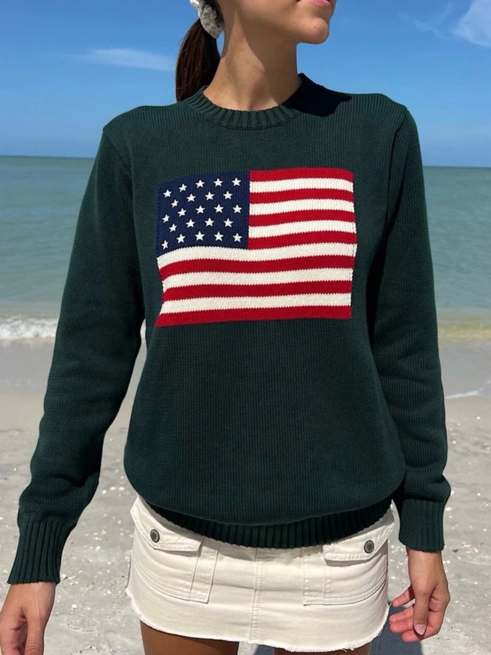 Brand new brandy melville Green Crewneck Sweater with American Flag Knit